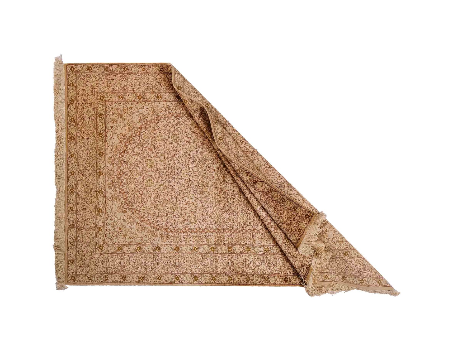 Sehr feiner, handgeknüpfter, persischer Ghom Perserteppich von Khademi aus reiner Seide. Größe 150 x 100 cm. Farbe: Gold, beige, creme. Verkauf durch JUPITER Intl.