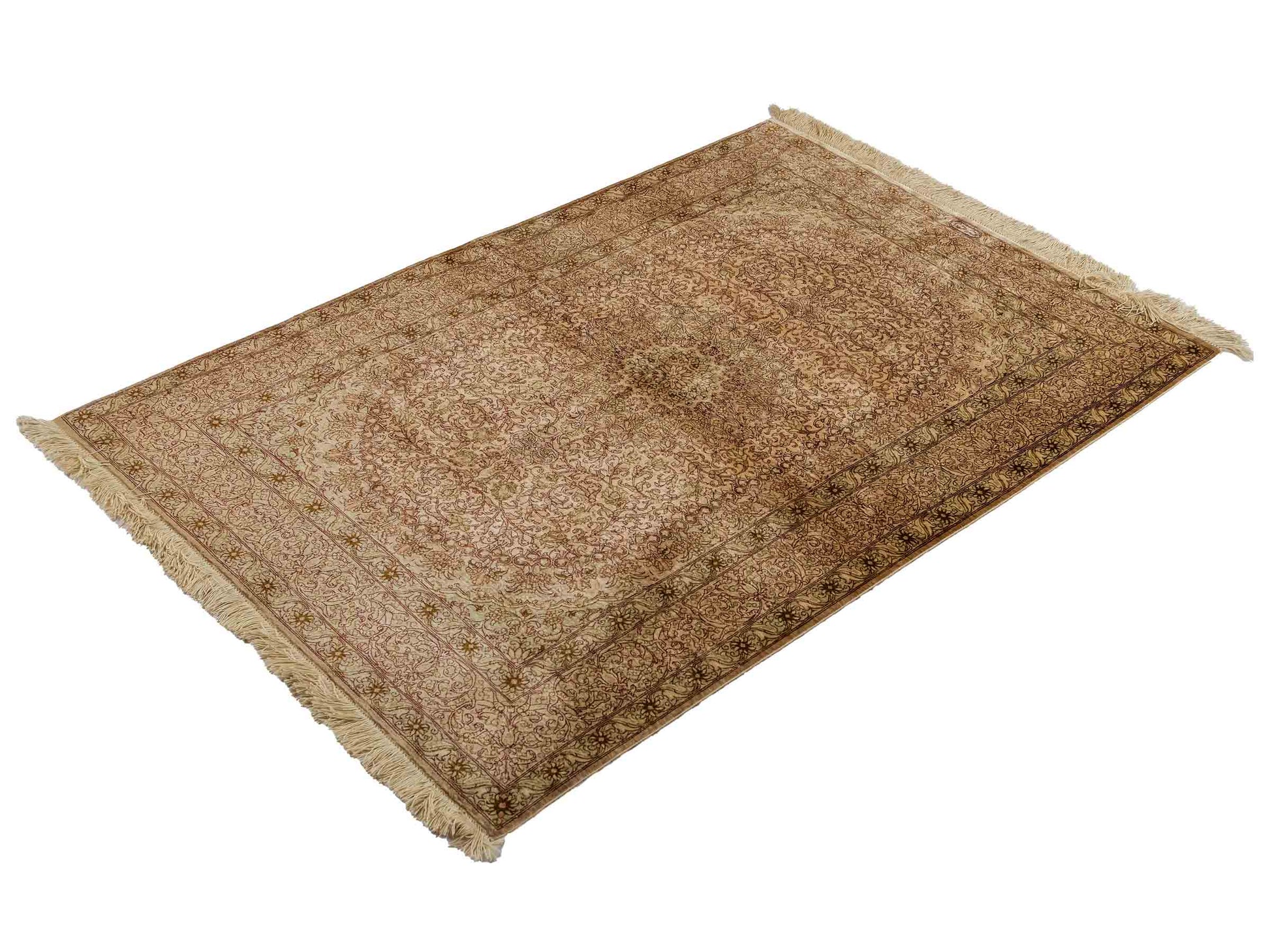 Sehr feiner, handgeknüpfter, persischer Ghom Perserteppich von Khademi aus reiner Seide. Größe 150 x 100 cm. Farbe: Gold, beige, creme. Verkauf durch JUPITER Intl.