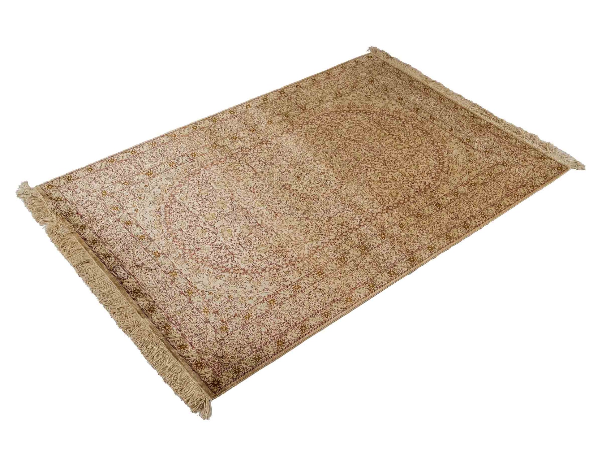Sehr feiner, handgeknüpfter, persischer Ghom Perserteppich von Khademi aus reiner Seide. Größe 150 x 100 cm. Farbe: Gold, beige, creme. Verkauf durch JUPITER Intl.