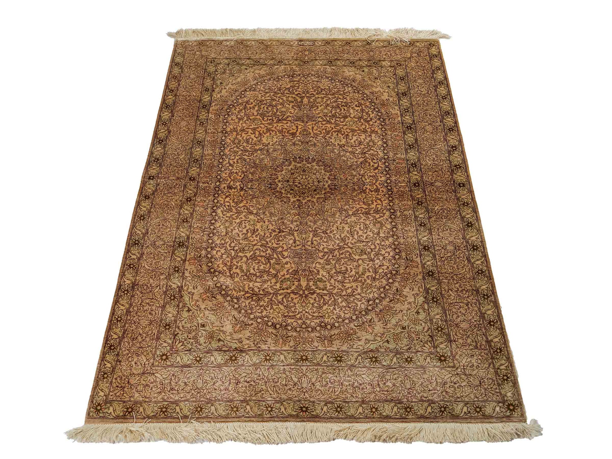 Sehr feiner, handgeknüpfter, persischer Ghom Perserteppich von Khademi aus reiner Seide. Größe 150 x 100 cm. Farbe: Gold, beige, creme. Verkauf durch JUPITER Intl.