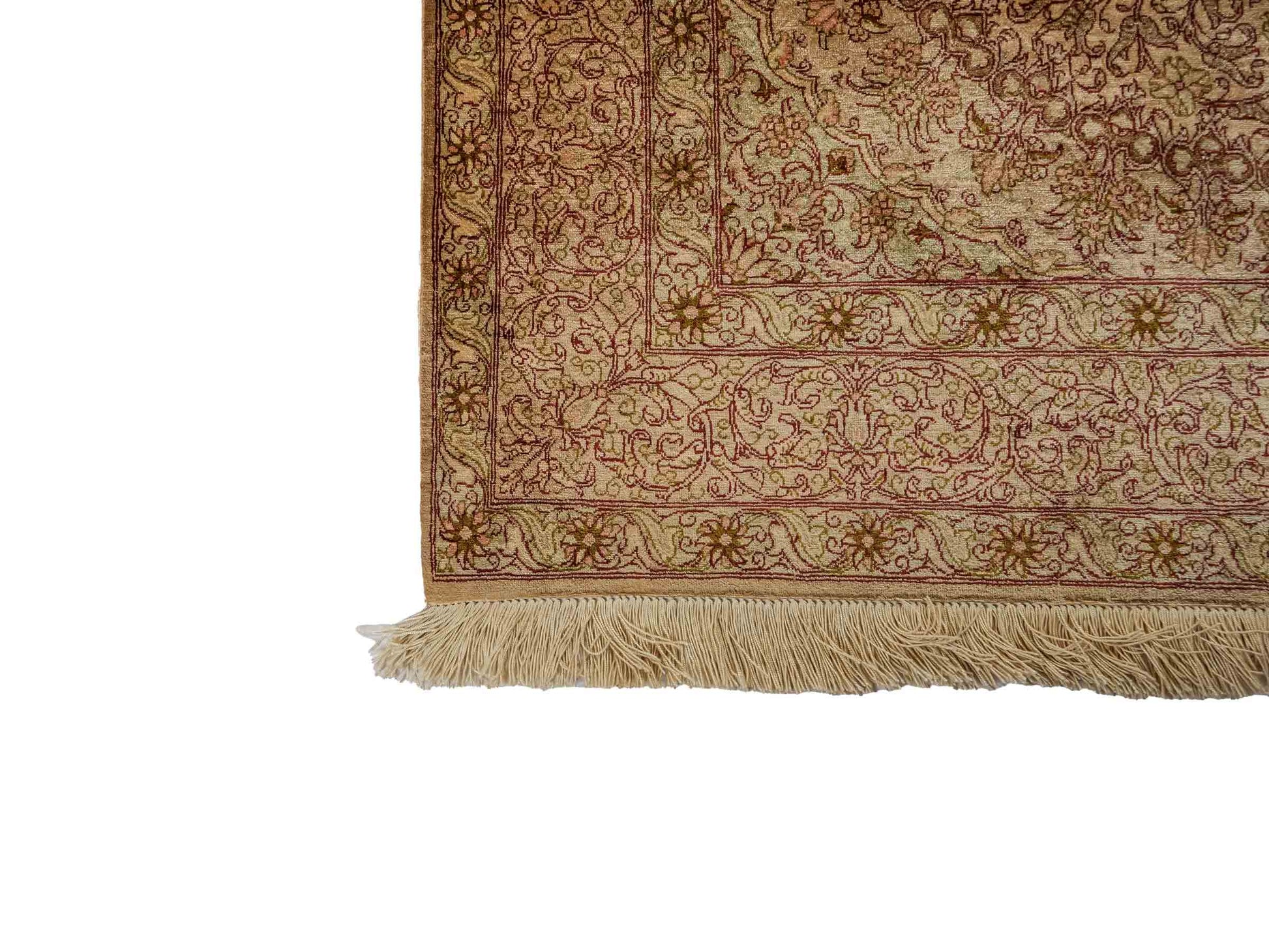 Sehr feiner, handgeknüpfter, persischer Ghom Perserteppich von Khademi aus reiner Seide. Größe 150 x 100 cm. Farbe: Gold, beige, creme. Verkauf durch JUPITER Intl.