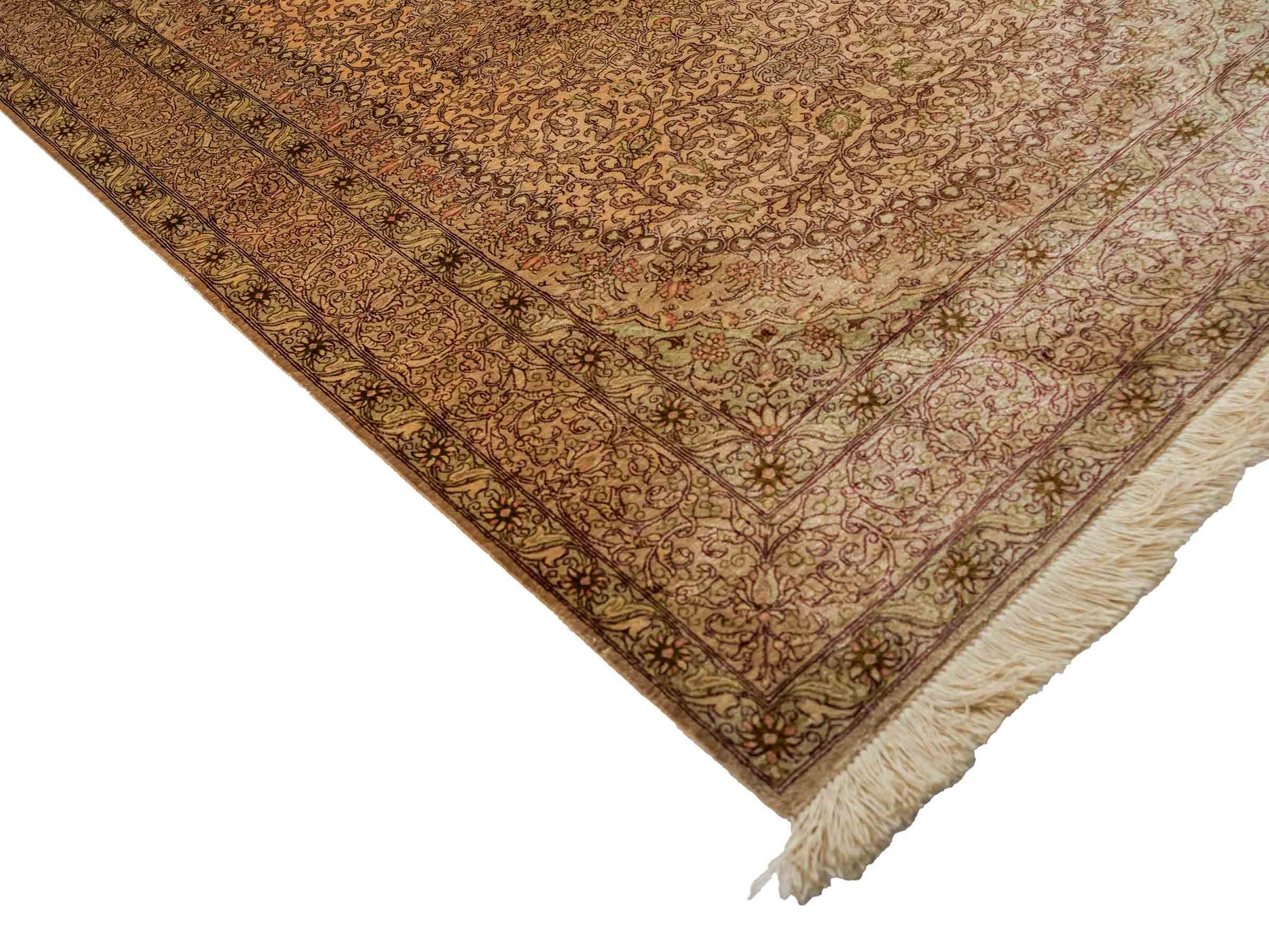 Sehr feiner, handgeknüpfter, persischer Ghom Perserteppich von Khademi aus reiner Seide. Größe 150 x 100 cm. Farbe: Gold, beige, creme. Verkauf durch JUPITER Intl.