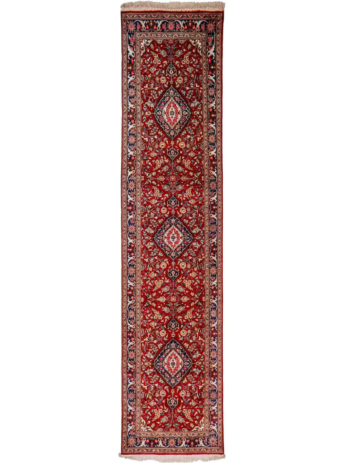 Sehr feiner, handgeknüpfter Khademi Ghom Perserteppich aus Seide, rot. 296x68 cm. Verkauf durch Jupiter Intl.