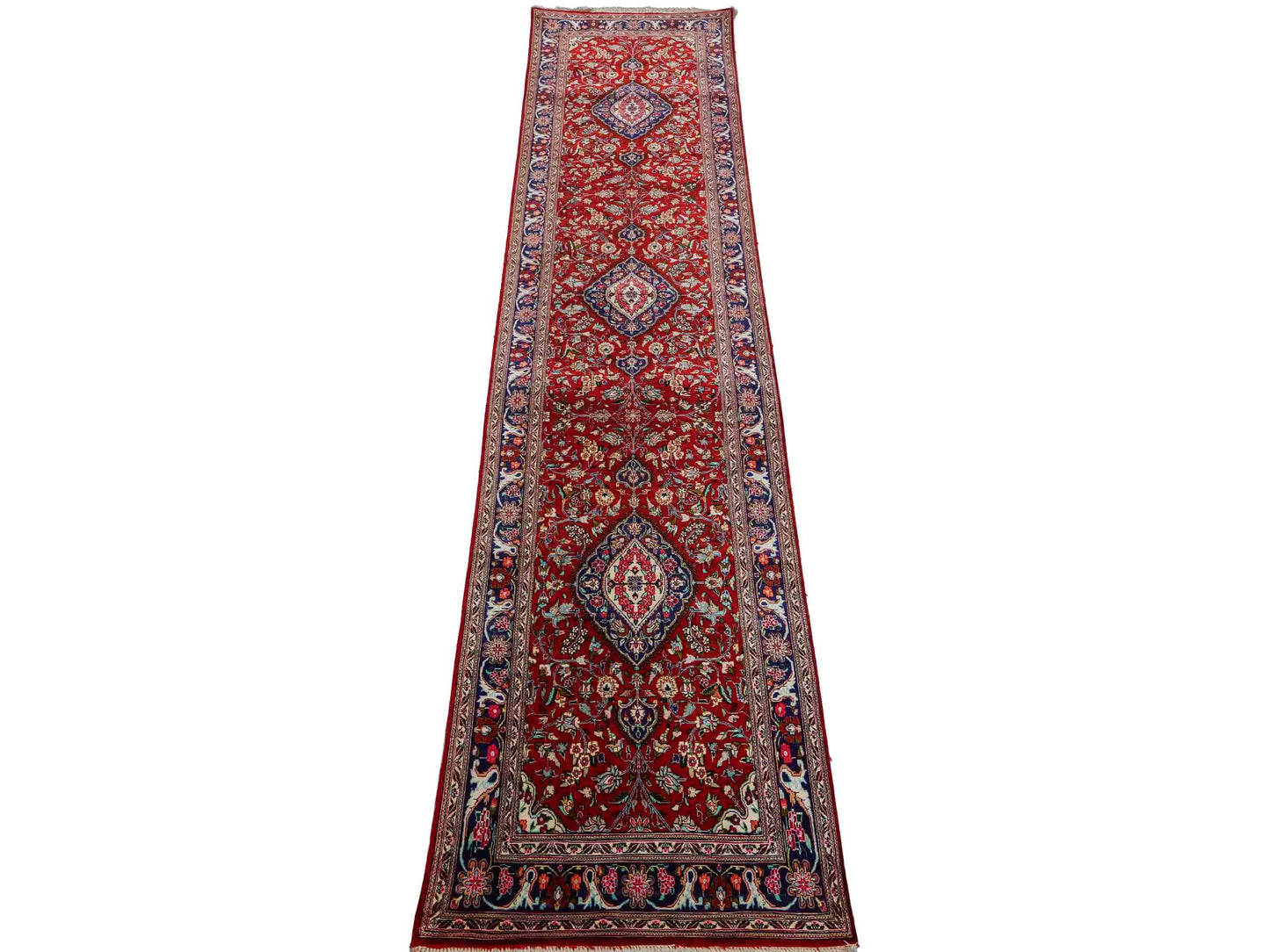 Sehr feiner, handgeknüpfter Khademi Ghom Perserteppich aus Seide, rot. 296x68 cm. Verkauf durch Jupiter Intl.
