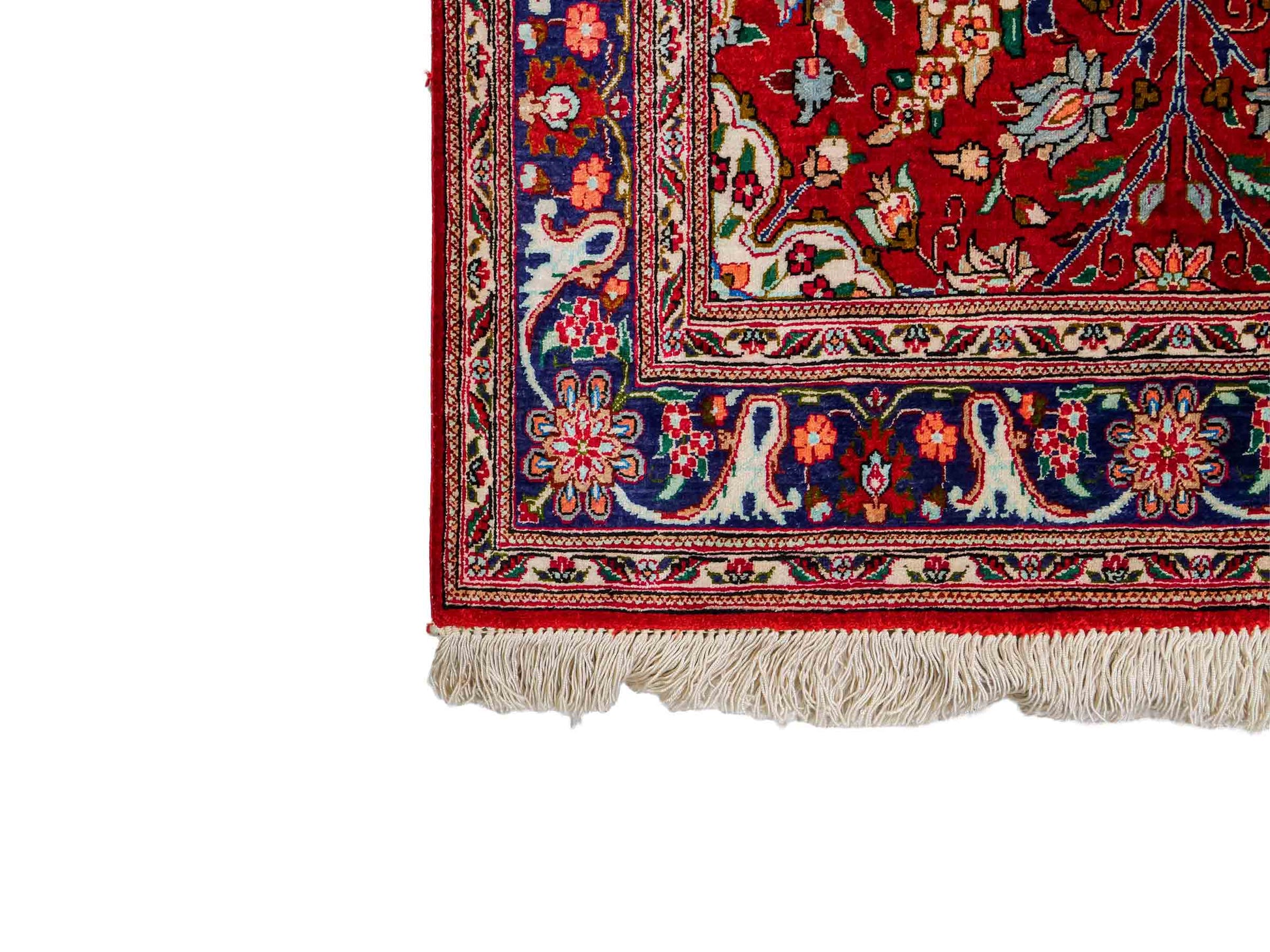 Sehr feiner, handgeknüpfter Khademi Ghom Perserteppich aus Seide, rot. 296x68 cm. Verkauf durch Jupiter Intl.