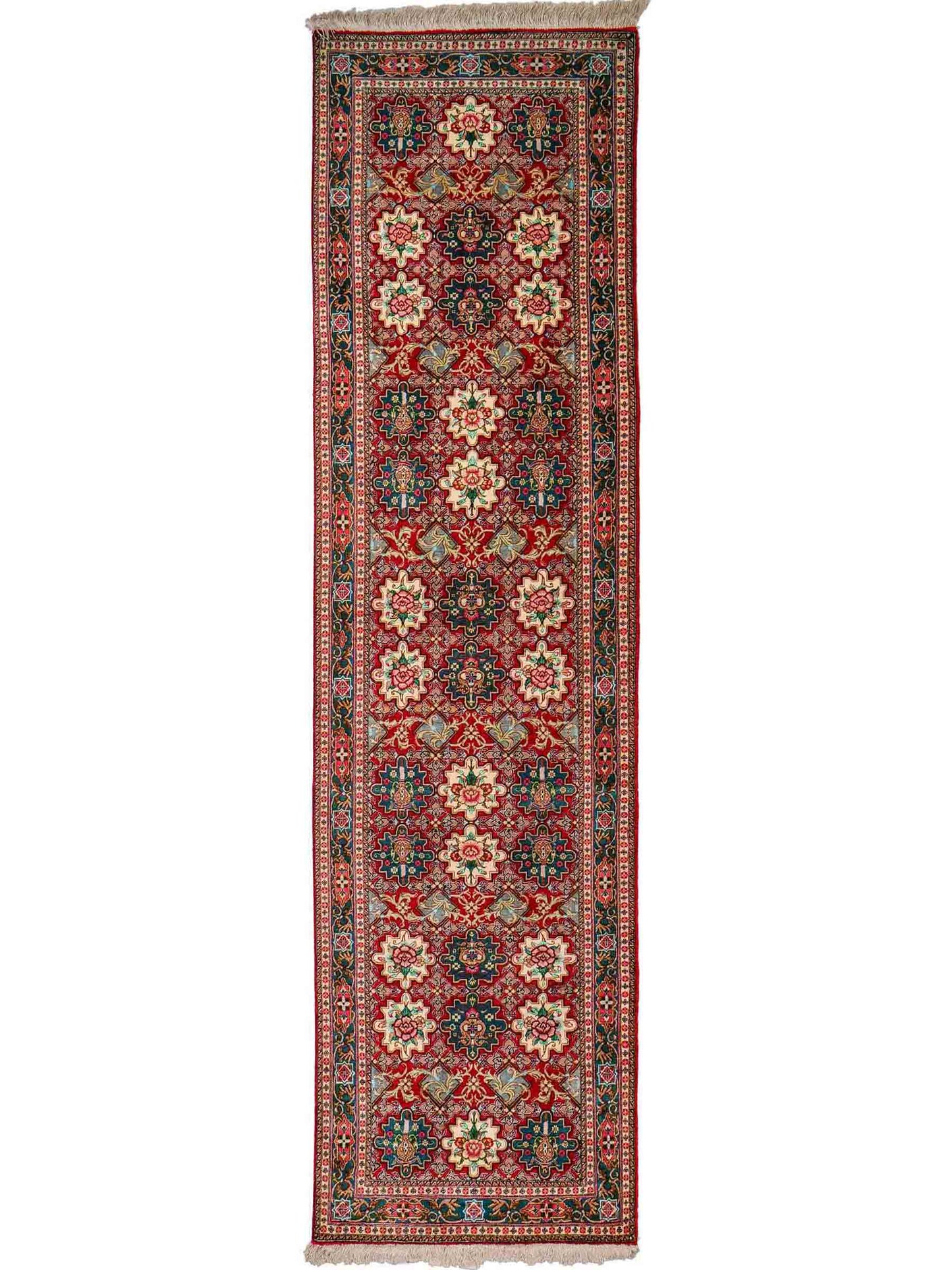 Sehr feiner, handgeknüpfter Ghom Perserteppich aus Seide von Khademi, rot. 297x77 cm. Verkauf durch Jupiter Intl.