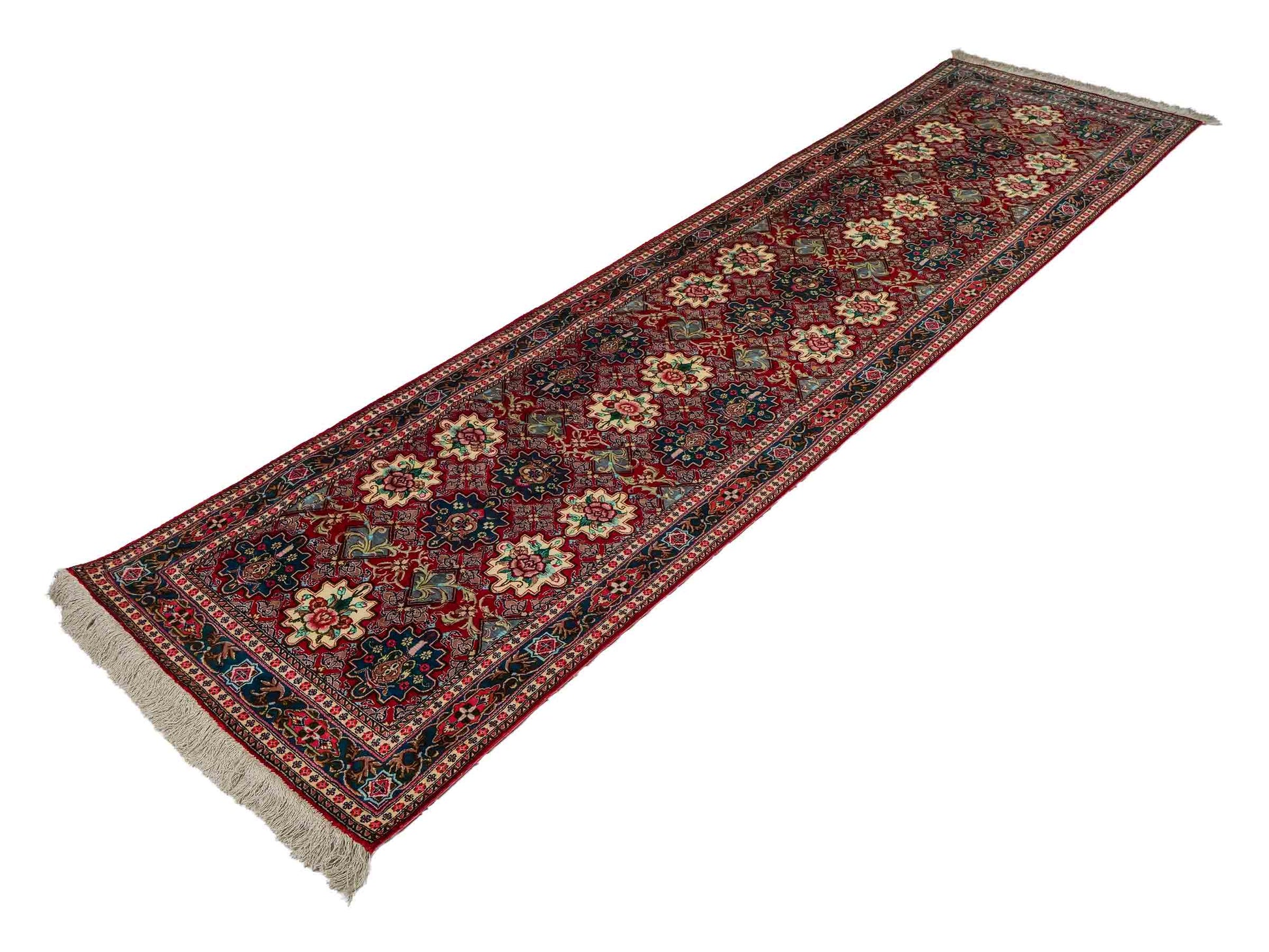 Sehr feiner, handgeknüpfter Ghom Perserteppich aus Seide von Khademi, rot. 297x77 cm. Verkauf durch Jupiter Intl.