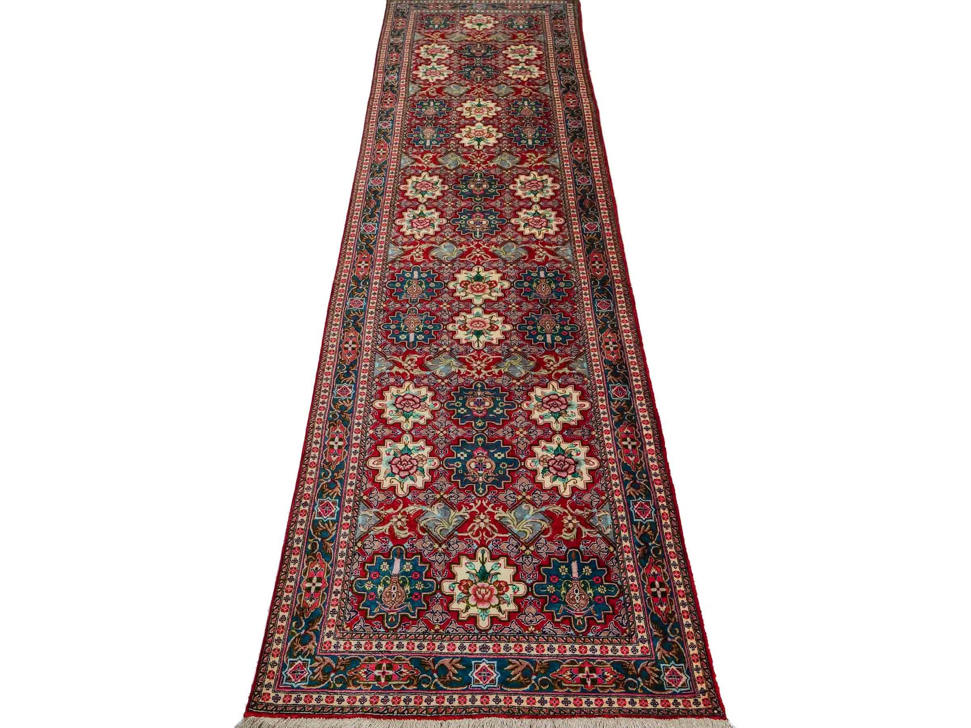 Sehr feiner, handgeknüpfter Ghom Perserteppich aus Seide von Khademi, rot. 297x77 cm. Verkauf durch Jupiter Intl.