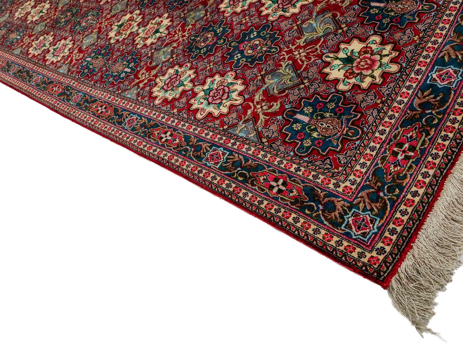 Sehr feiner, handgeknüpfter Ghom Perserteppich aus Seide von Khademi, rot. 297x77 cm. Verkauf durch Jupiter Intl.