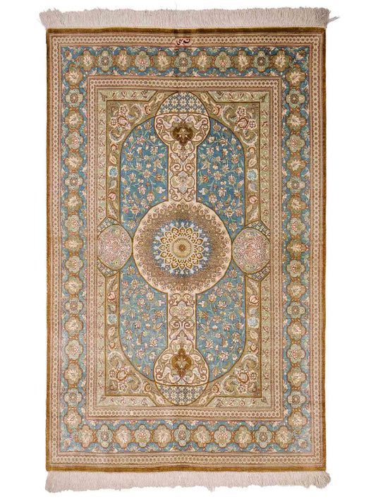 Sehr feiner, handgeknüpfter Khademi Ghom Perserteppich aus Seide, braun, blau. 148x98 cm. Vertrieb durch Jupiter Intl.