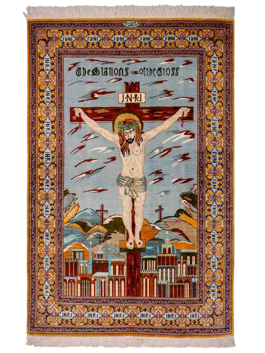 Sehr feiner, handgeknüpfter Ghom Perserteppich aus Seide von Khademi, braun, blau. 150x101 cm. Verkauf durch Jupiter Intl.