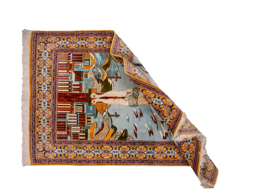 Sehr feiner, handgeknüpfter Ghom Perserteppich aus Seide von Khademi, braun, blau. 150x101 cm. Verkauf durch Jupiter Intl.