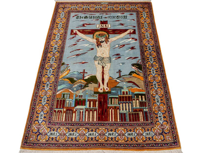 Sehr feiner, handgeknüpfter Ghom Perserteppich aus Seide von Khademi, braun, blau. 150x101 cm. Verkauf durch Jupiter Intl.