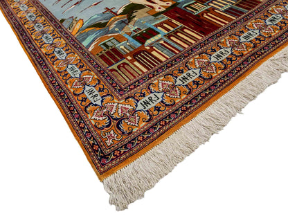 Sehr feiner, handgeknüpfter Ghom Perserteppich aus Seide von Khademi, braun, blau. 150x101 cm. Verkauf durch Jupiter Intl.
