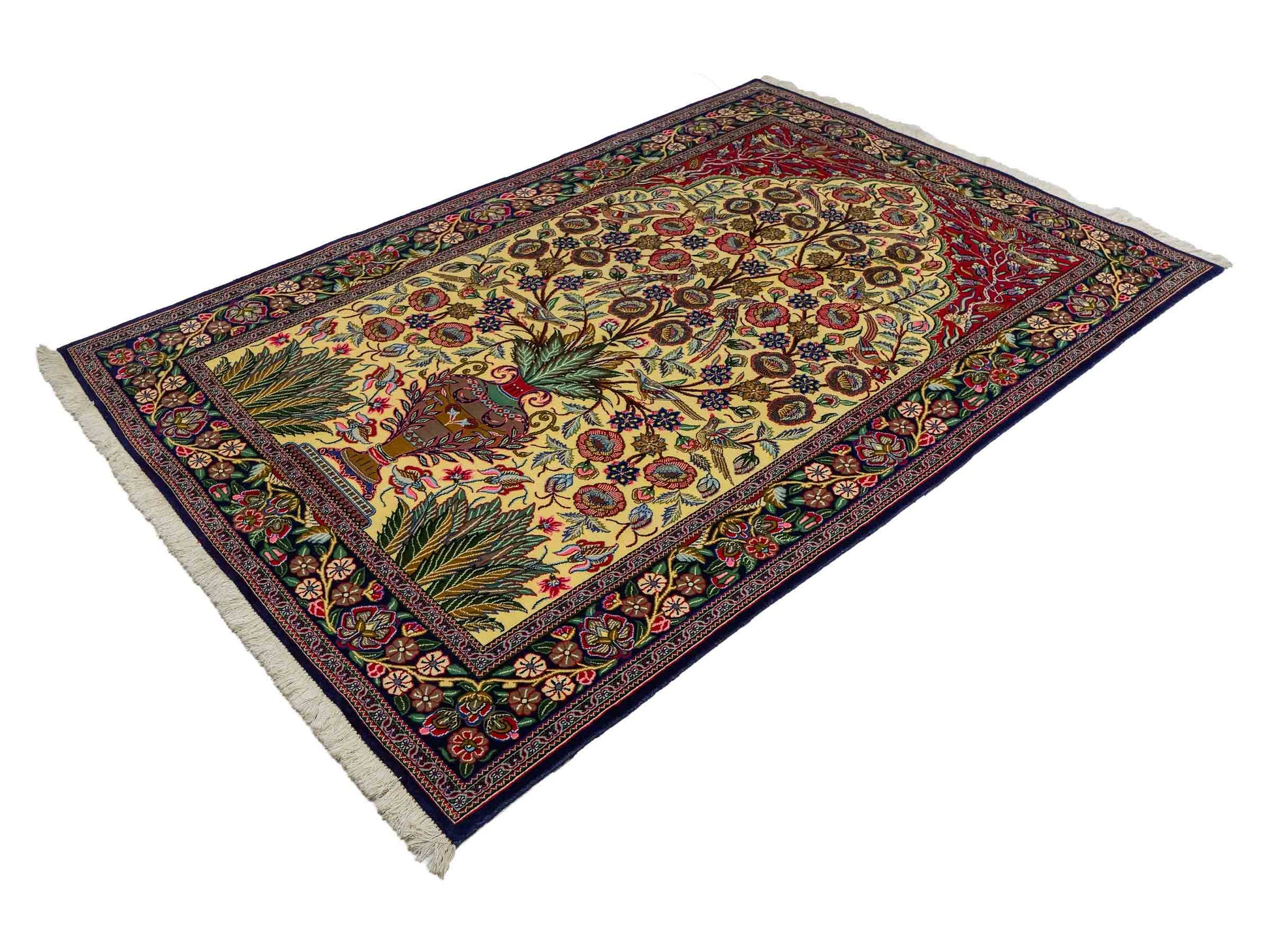 Feiner, handgeknüpfter Ghom Perserteppich aus Wolle von Khademi, creme, blau. 205x139 cm. Verkauf durch Jupiter Intl.