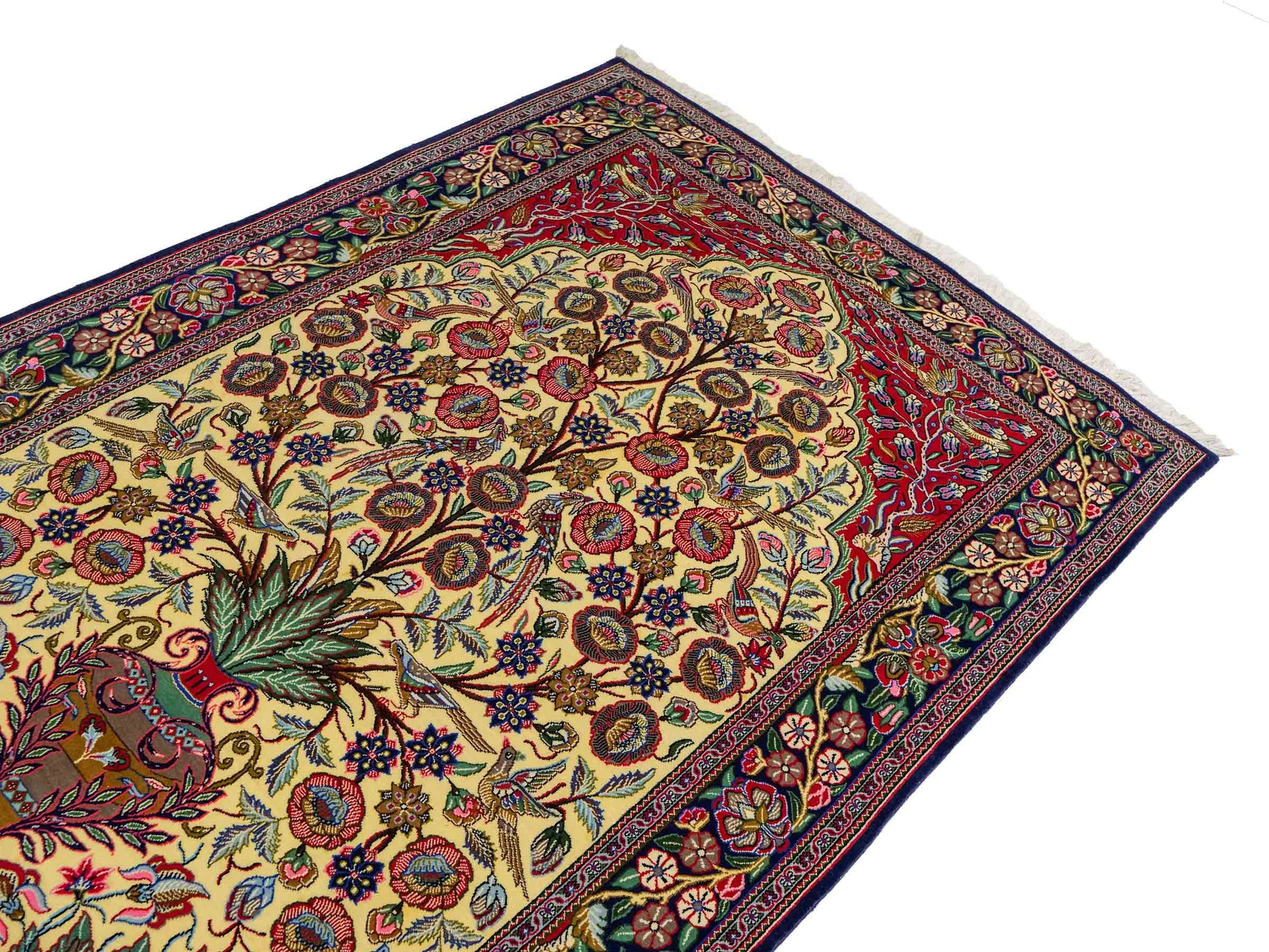 Feiner, handgeknüpfter Ghom Perserteppich aus Wolle von Khademi, creme, blau. 205x139 cm. Verkauf durch Jupiter Intl.