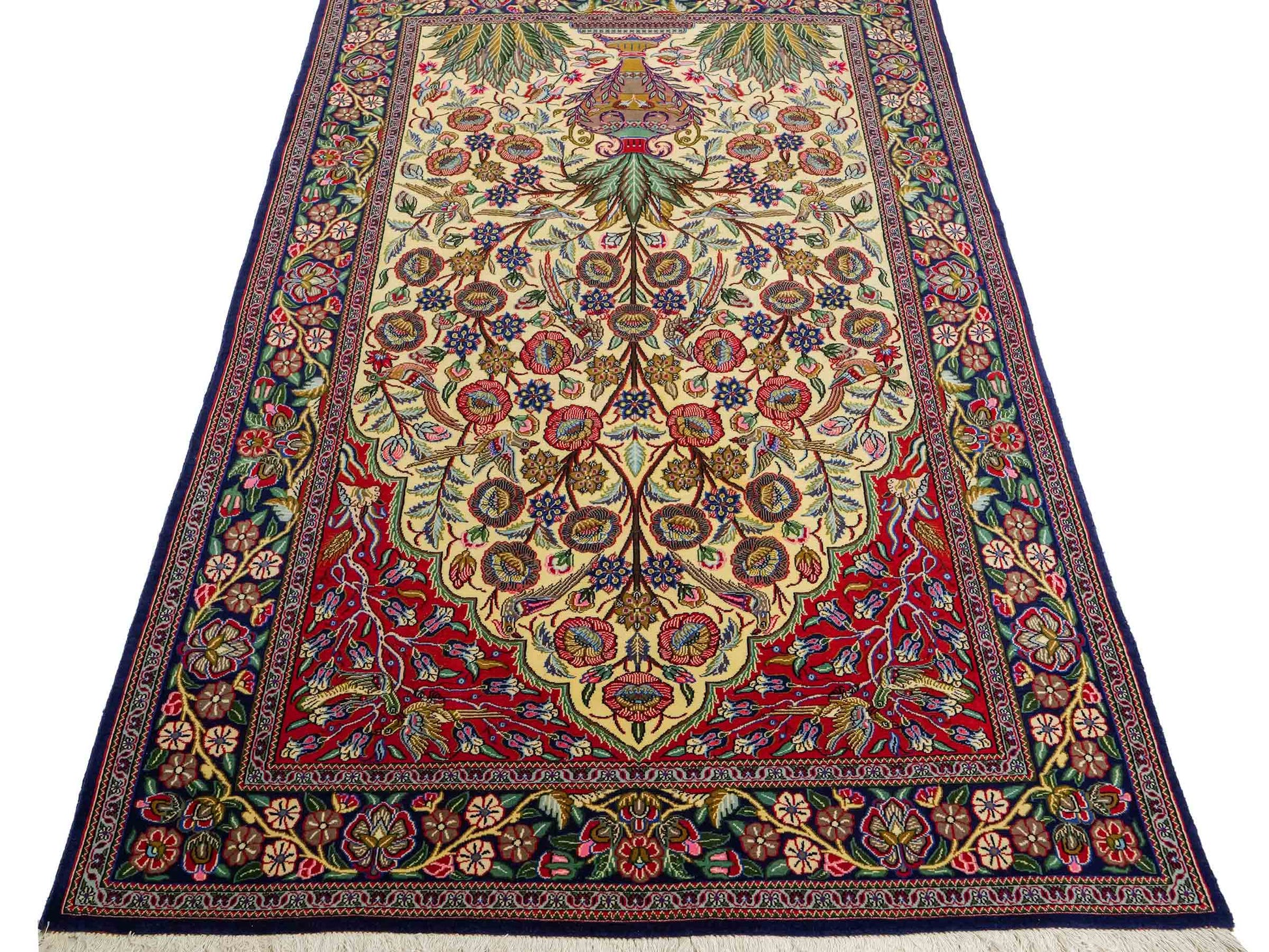 Feiner, handgeknüpfter Ghom Perserteppich aus Wolle von Khademi, creme, blau. 205x139 cm. Verkauf durch Jupiter Intl.