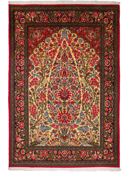 Feiner, handgeknüpfter Ghom Perserteppich aus Wolle von Khademi, creme, rot. 226x141 cm. Verkauf durch Jupiter Intl.