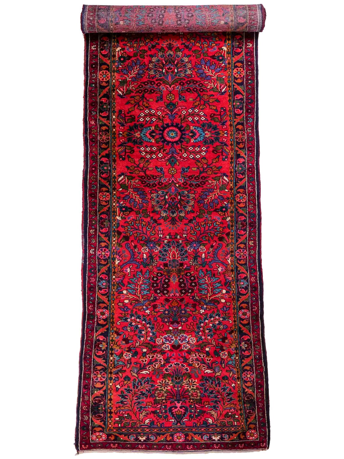Feiner, handgeknüpfter persischer Hamedan Dorfteppich aus Wolle von Khademi, rot, blau. 4,00 x 1,04 m. Vertrieb durch JUPITER Intl.