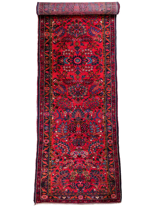 Feiner, handgeknüpfter persischer Hamedan Dorfteppich aus Wolle von Khademi, rot, blau. 4,00 x 1,04 m. Vertrieb durch JUPITER Intl.