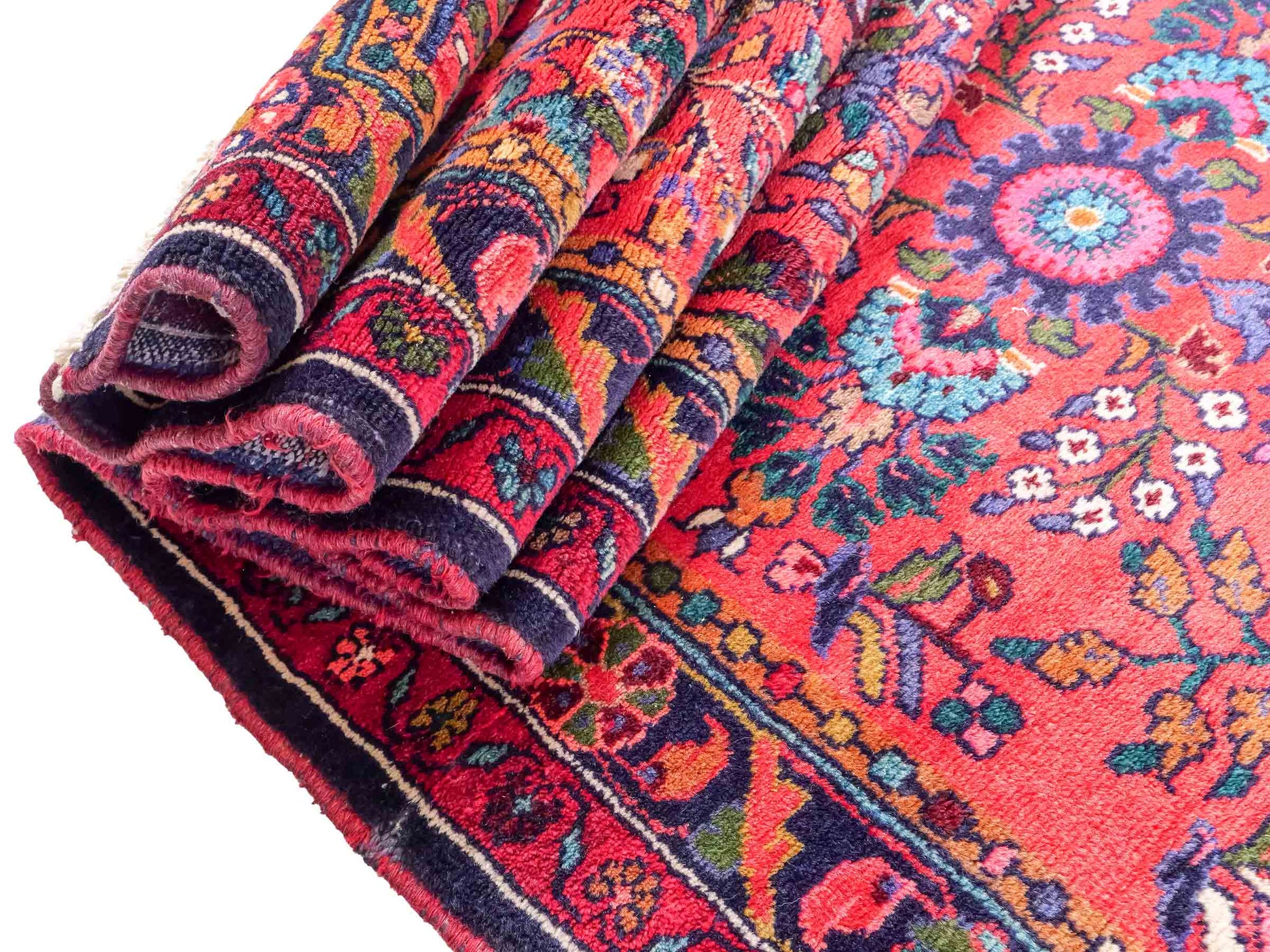 Feiner, handgeknüpfter persischer Hamedan Dorfteppich aus Wolle von Khademi, rot, blau. 4,00 x 1,04 m. Vertrieb durch JUPITER Intl.