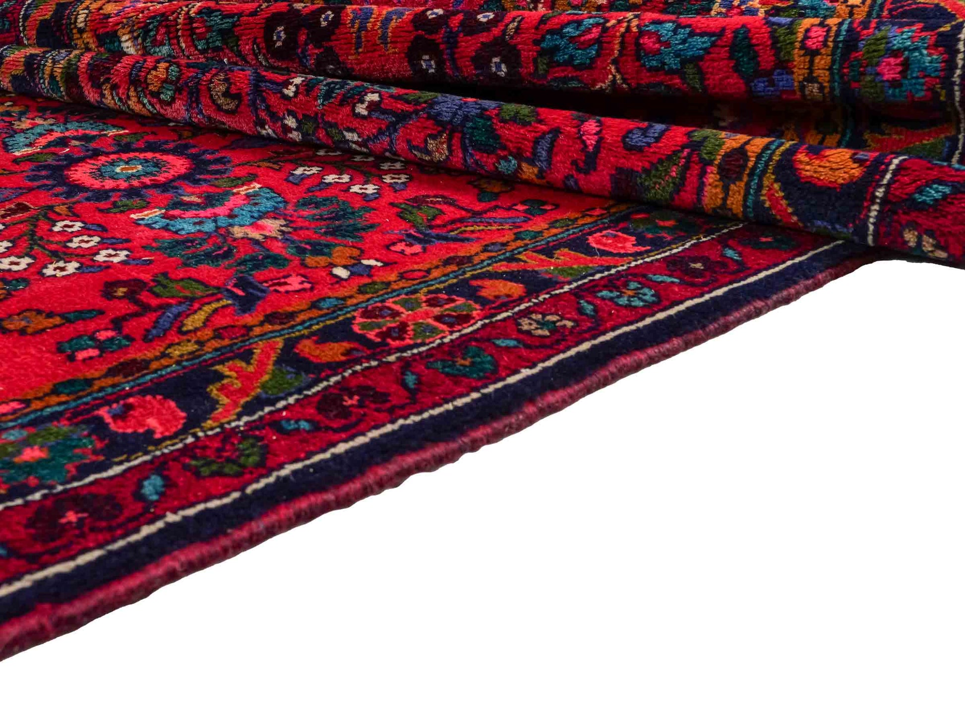 Feiner, handgeknüpfter persischer Hamedan Dorfteppich aus Wolle von Khademi, rot, blau. 4,00 x 1,04 m. Vertrieb durch JUPITER Intl.