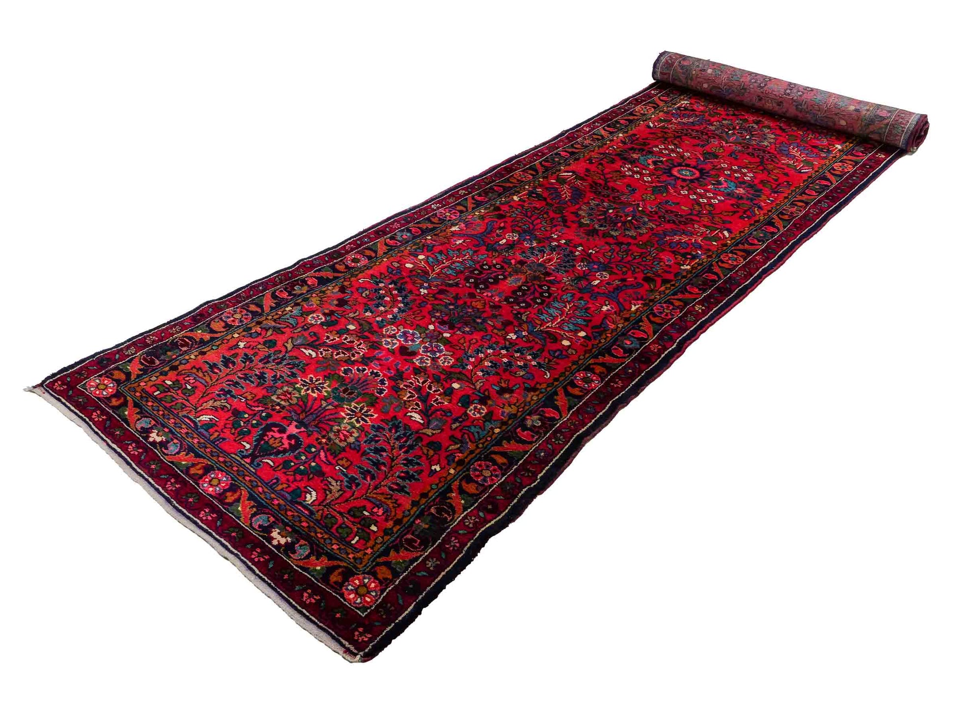 Feiner, handgeknüpfter persischer Hamedan Dorfteppich aus Wolle von Khademi, rot, blau. 4,00 x 1,04 m. Vertrieb durch JUPITER Intl.