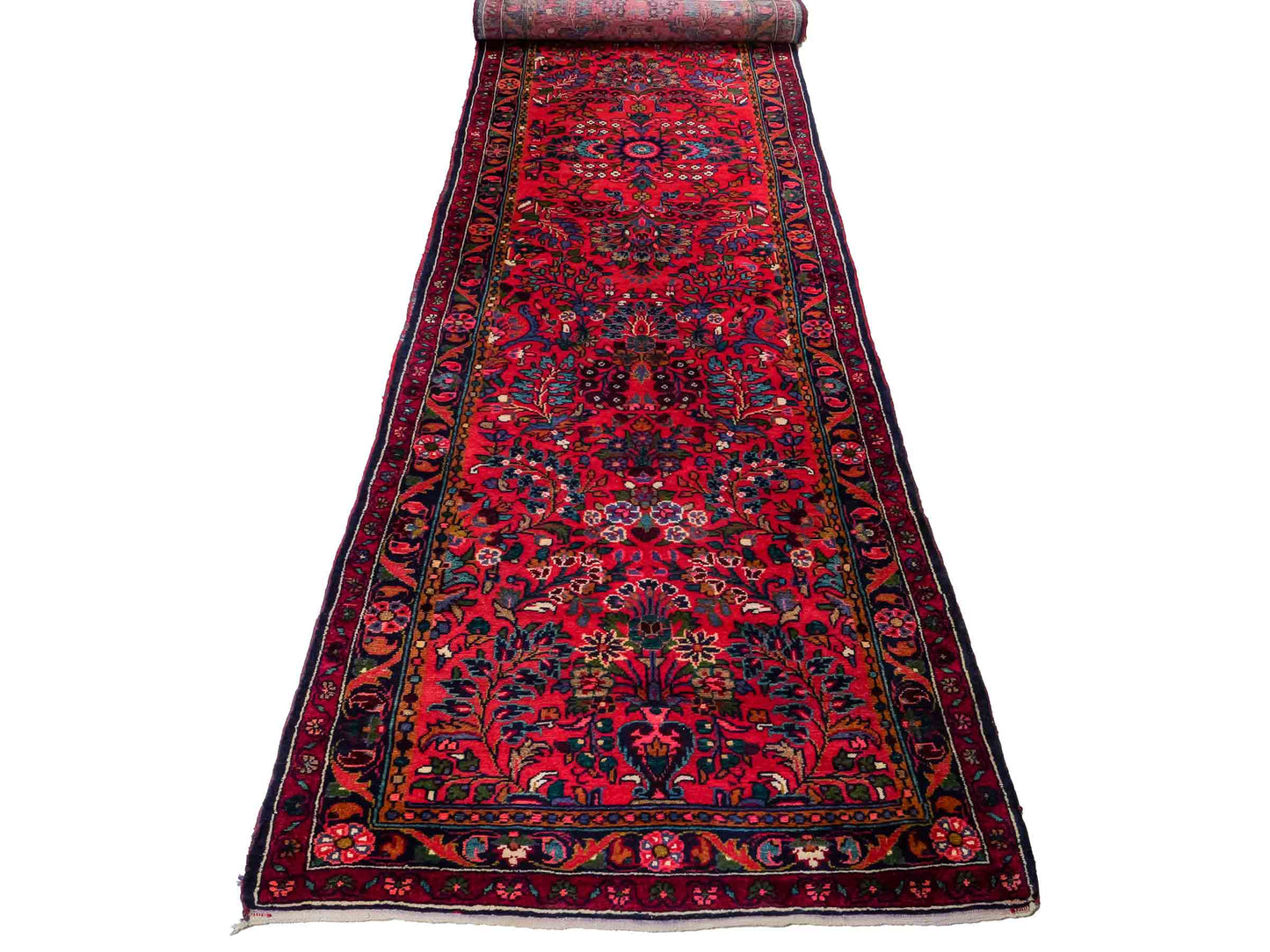 Feiner, handgeknüpfter persischer Hamedan Dorfteppich aus Wolle von Khademi, rot, blau. 4,00 x 1,04 m. Vertrieb durch JUPITER Intl.