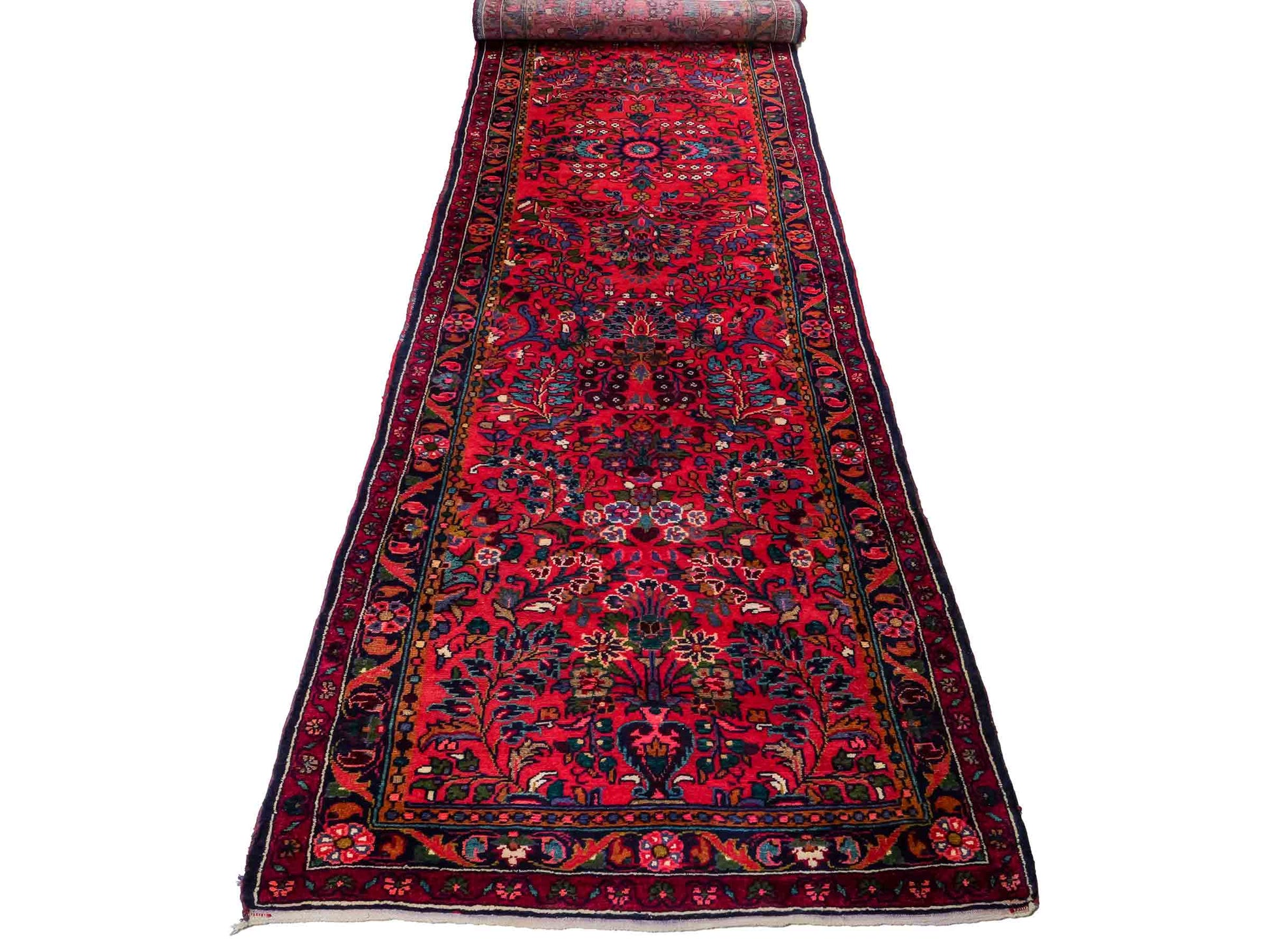 Feiner, handgeknüpfter persischer Hamedan Dorfteppich aus Wolle von Khademi, rot, blau. 4,00 x 1,04 m. Vertrieb durch JUPITER Intl.