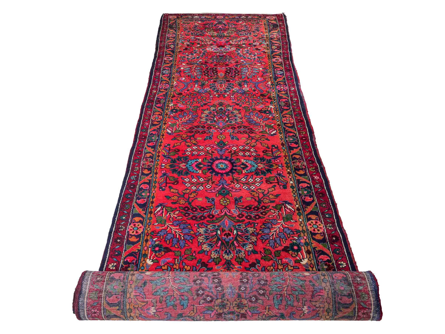 Feiner, handgeknüpfter persischer Hamedan Dorfteppich aus Wolle von Khademi, rot, blau. 4,00 x 1,04 m. Vertrieb durch JUPITER Intl.