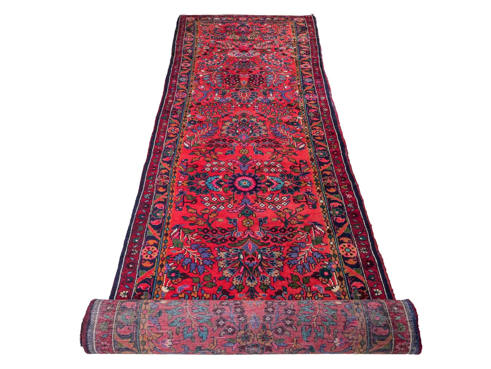 Feiner, handgeknüpfter persischer Hamedan Dorfteppich aus Wolle von Khademi, rot, blau. 4,00 x 1,04 m. Vertrieb durch JUPITER Intl.