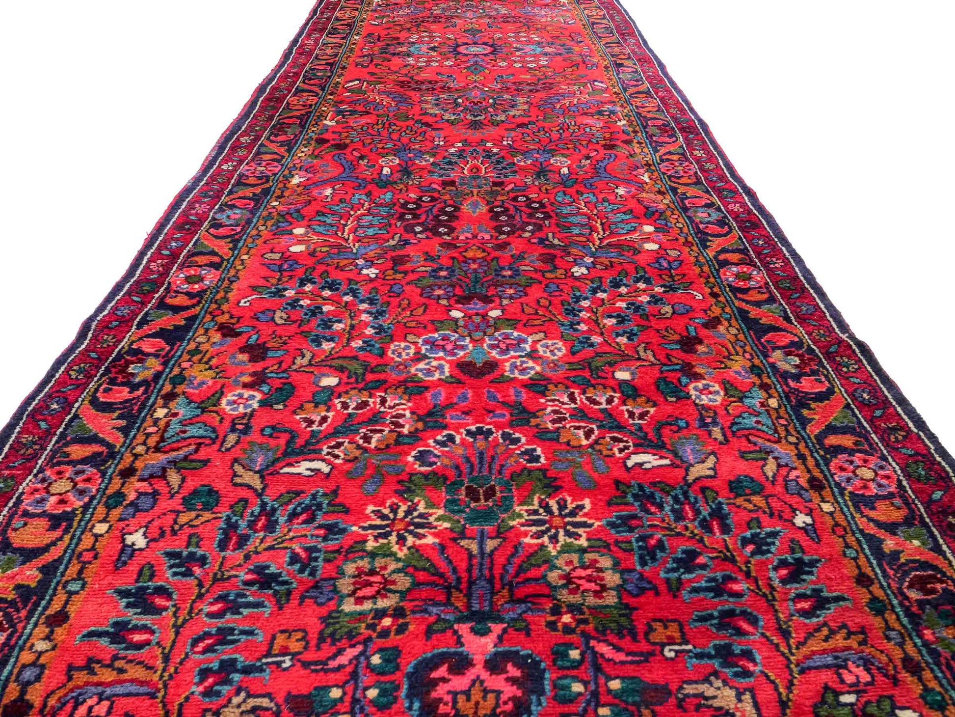 Feiner, handgeknüpfter persischer Hamedan Dorfteppich aus Wolle von Khademi, rot, blau. 4,00 x 1,04 m. Vertrieb durch JUPITER Intl.