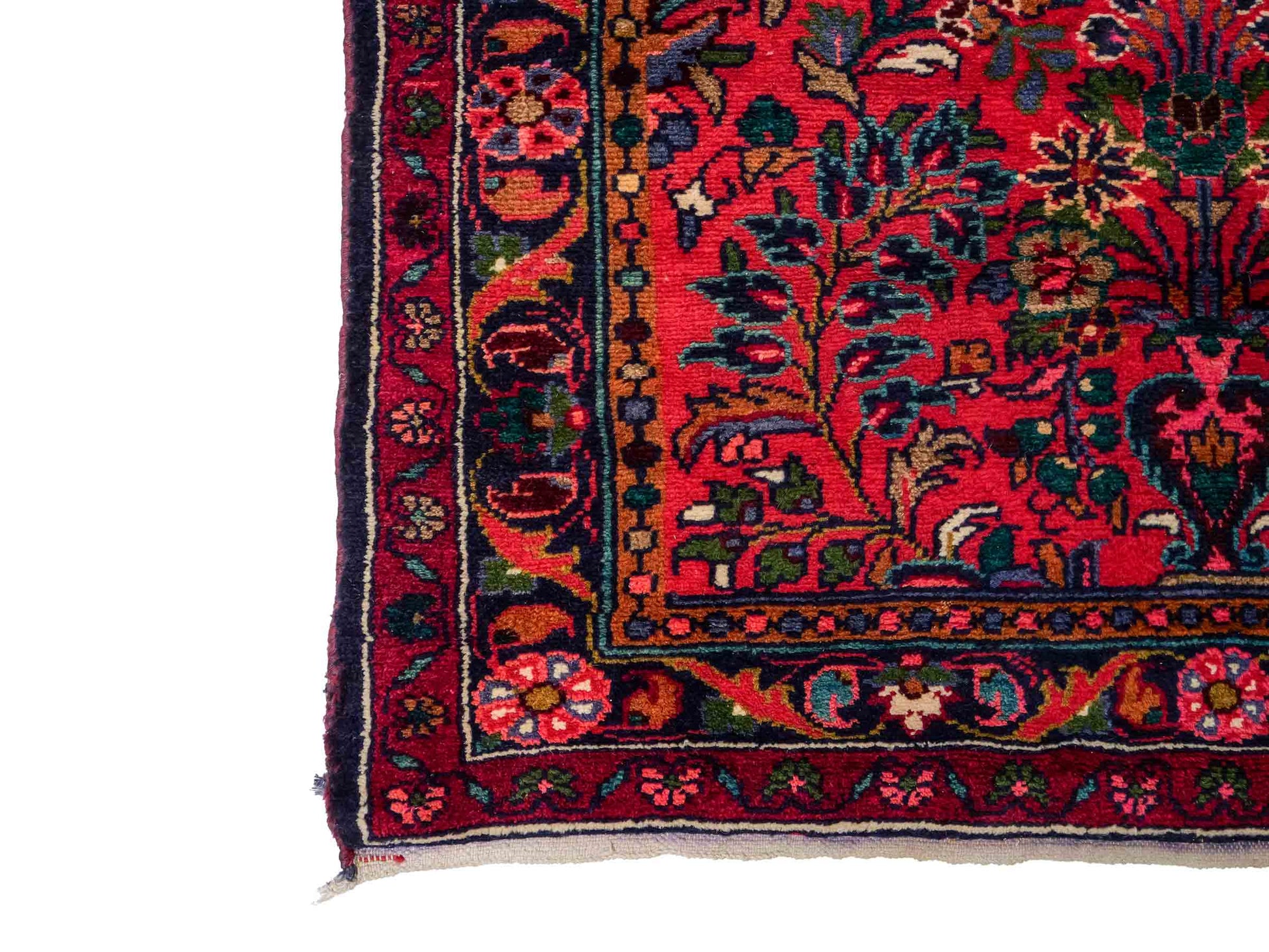 Feiner, handgeknüpfter persischer Hamedan Dorfteppich aus Wolle von Khademi, rot, blau. 4,00 x 1,04 m. Vertrieb durch JUPITER Intl.