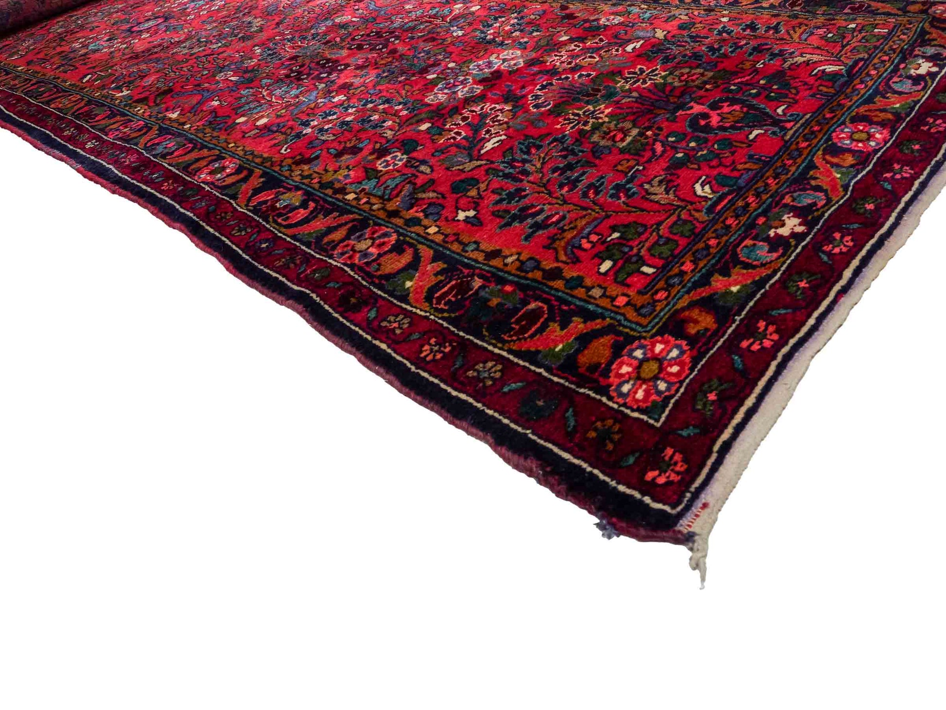 Feiner, handgeknüpfter persischer Hamedan Dorfteppich aus Wolle von Khademi, rot, blau. 4,00 x 1,04 m. Vertrieb durch JUPITER Intl.