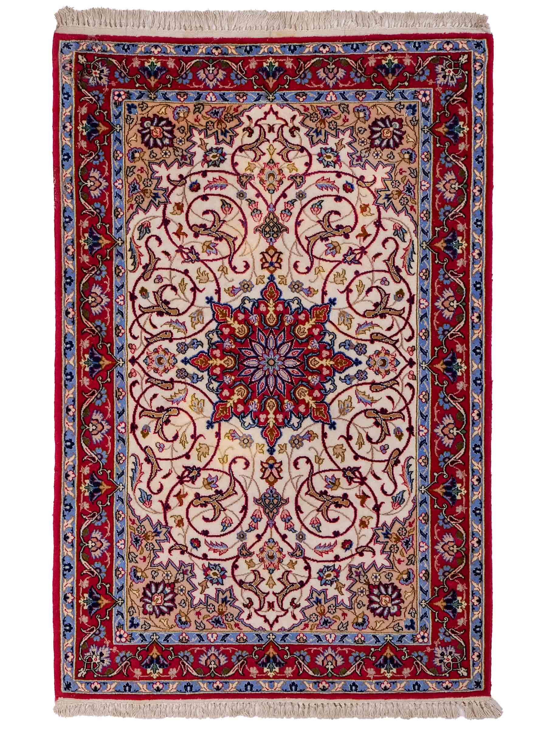 Sehr feiner, handgeknüpfter Isfahan Perserteppich aus Wolle mit Seide von Khademi. Farbe: Cremeweiß, rot. Größe: 100 x 65 cm. Vertrieb durch JUPITER Intl.