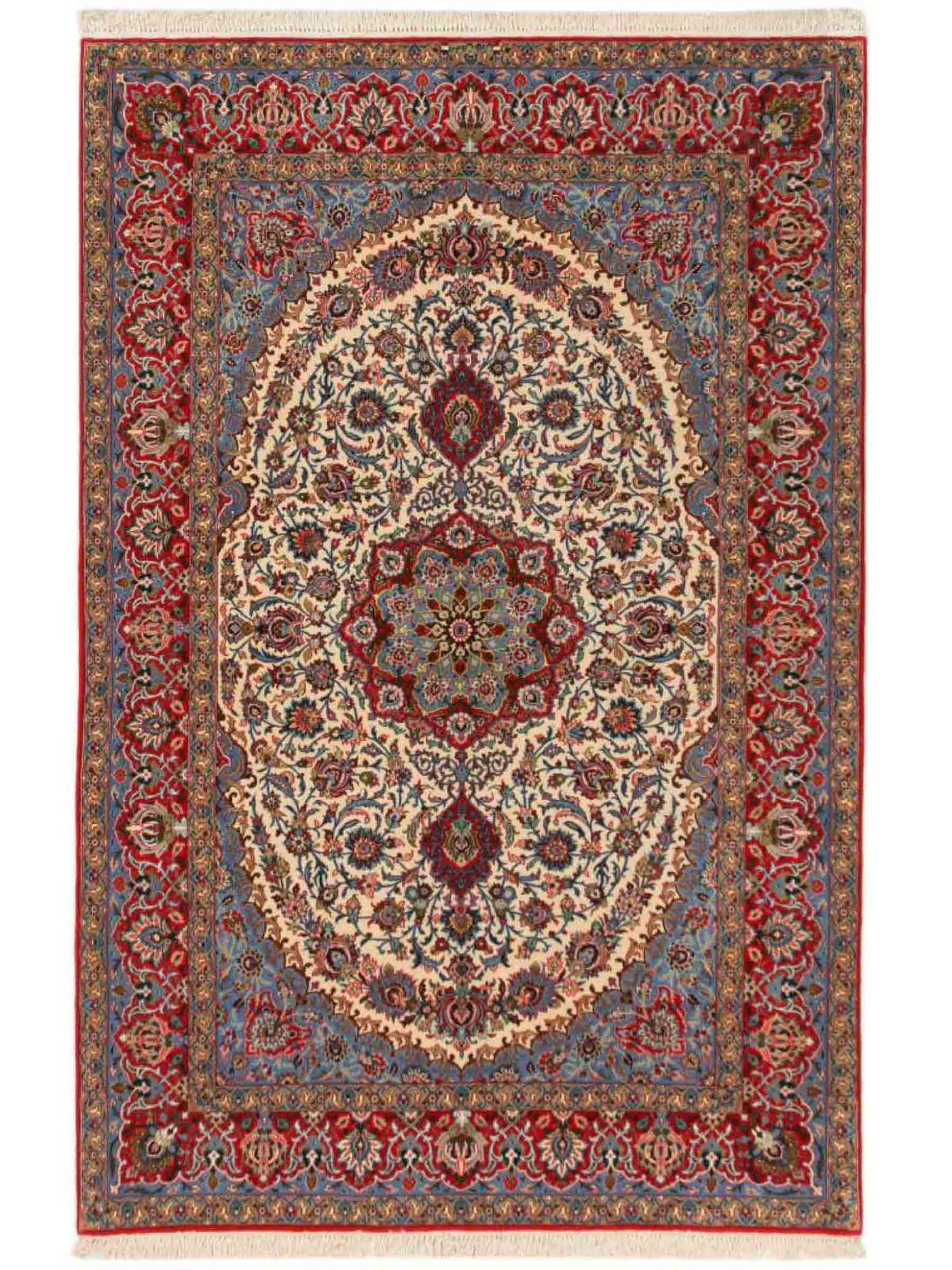 Sehr feiner, handgeknüpfter Khademi Isfahan Perserteppich aus Wolle mit Seide, rot, blau, creme. 238x154 cm. Vertrieb durch Jupiter Intl.
