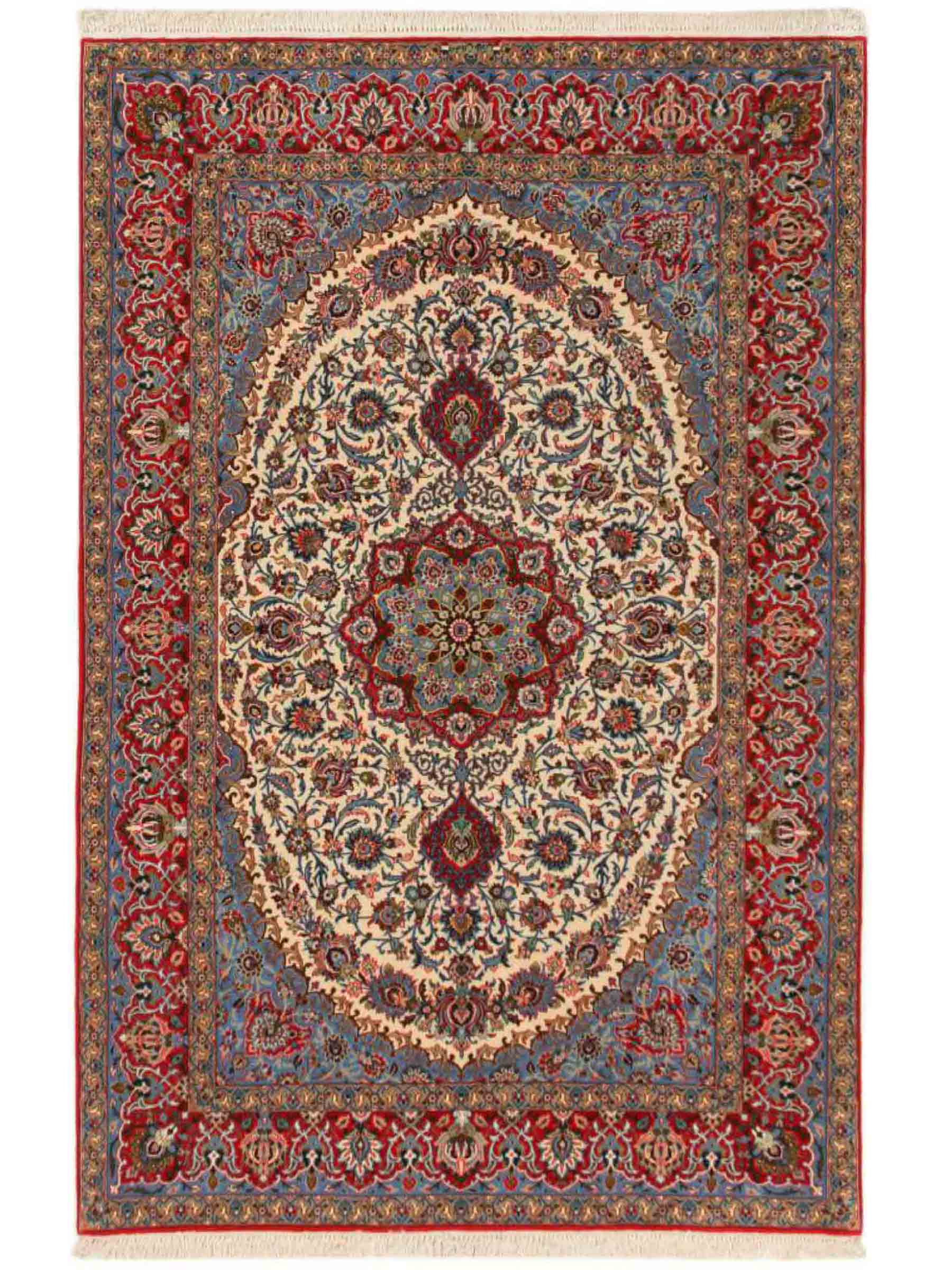 Sehr feiner, handgeknüpfter Khademi Isfahan Perserteppich aus Wolle mit Seide, rot, blau, creme. 238x154 cm. Vertrieb durch Jupiter Intl.