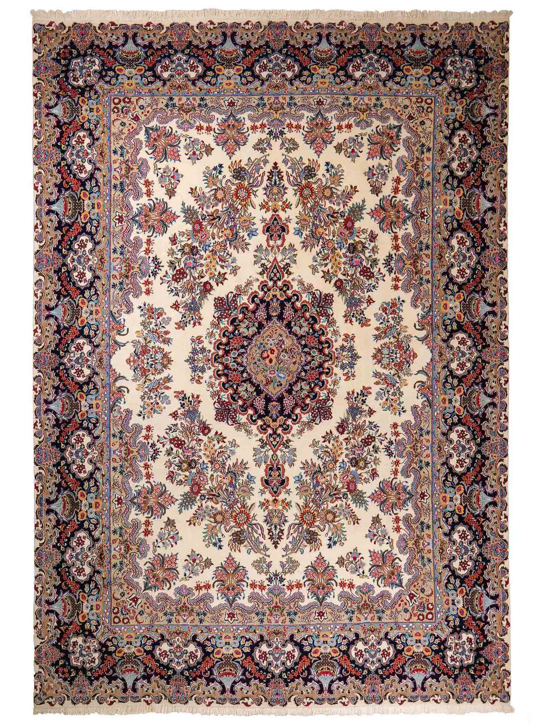 Sehr feiner, handgeküpfter Mashhad Perserteppich mit Joshegan Design aus Wolle von Khademi, weiß, creme, blau. 357x248 cm. Verkauf durch Jupiter Intl.