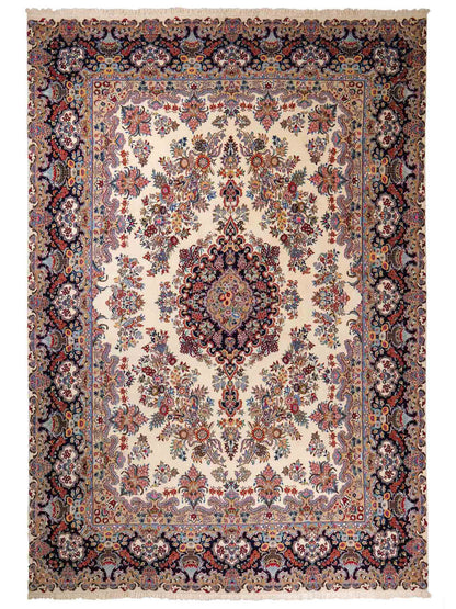 Sehr feiner, handgeküpfter Mashhad Perserteppich mit Joshegan Design aus Wolle von Khademi, weiß, creme, blau. 357x248 cm. Verkauf durch Jupiter Intl.