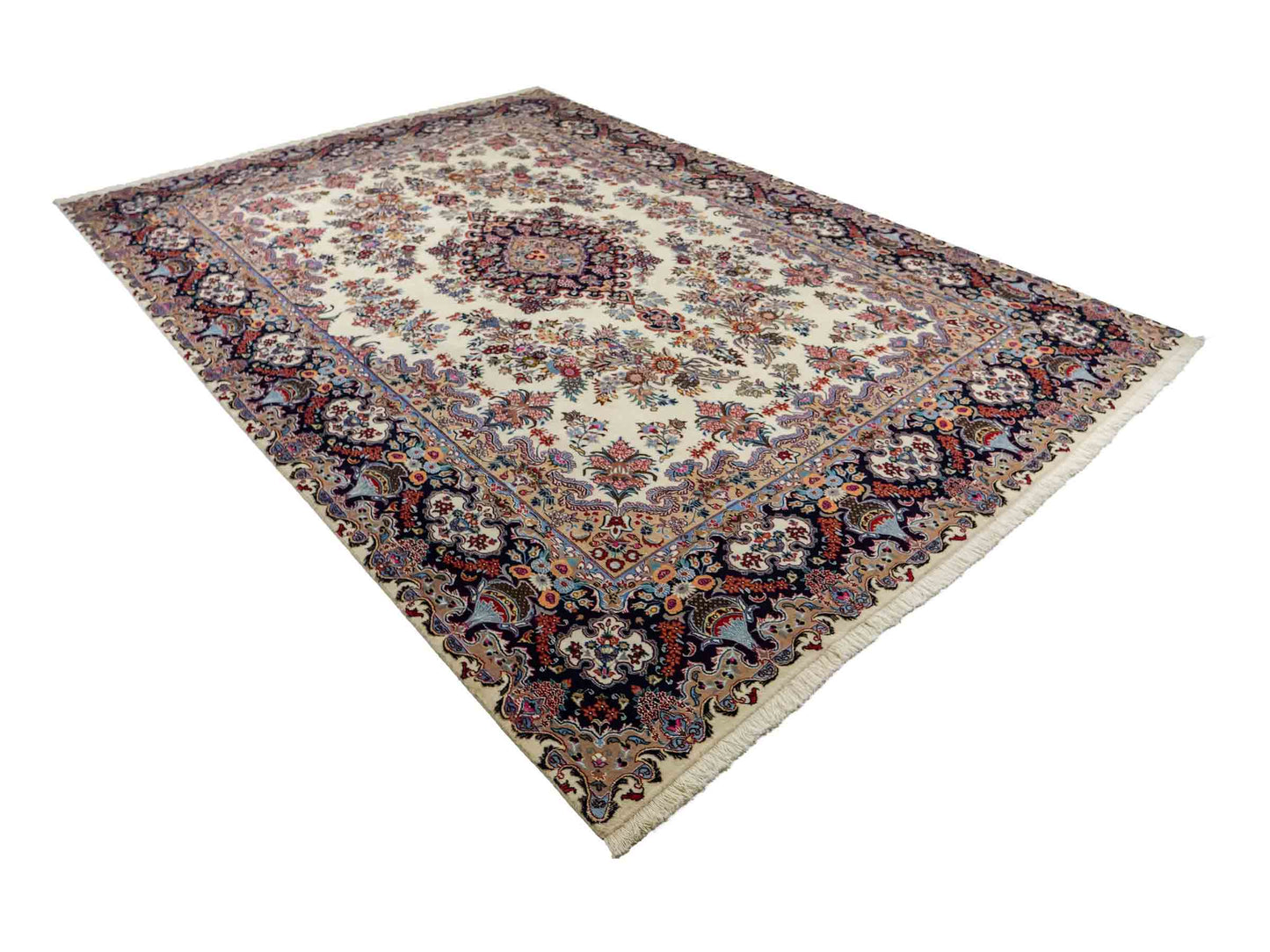 Sehr feiner, handgeküpfter Mashhad Perserteppich mit Joshegan Design aus Wolle von Khademi, weiß, creme, blau. 357x248 cm. Verkauf durch Jupiter Intl.