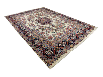 Sehr feiner, handgeküpfter Mashhad Perserteppich mit Joshegan Design aus Wolle von Khademi, weiß, creme, blau. 357x248 cm. Verkauf durch Jupiter Intl.