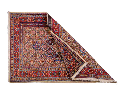 Feiner, handgeknüpfter Moud Perserteppich aus reiner Wolle mit Medaillon von Khademi. Größe: 145 x 100 cm. Farbe: Rot, creme. RB3-11B. Ursprung: Iran / Persien. Verkauf durch JUPITER Intl.