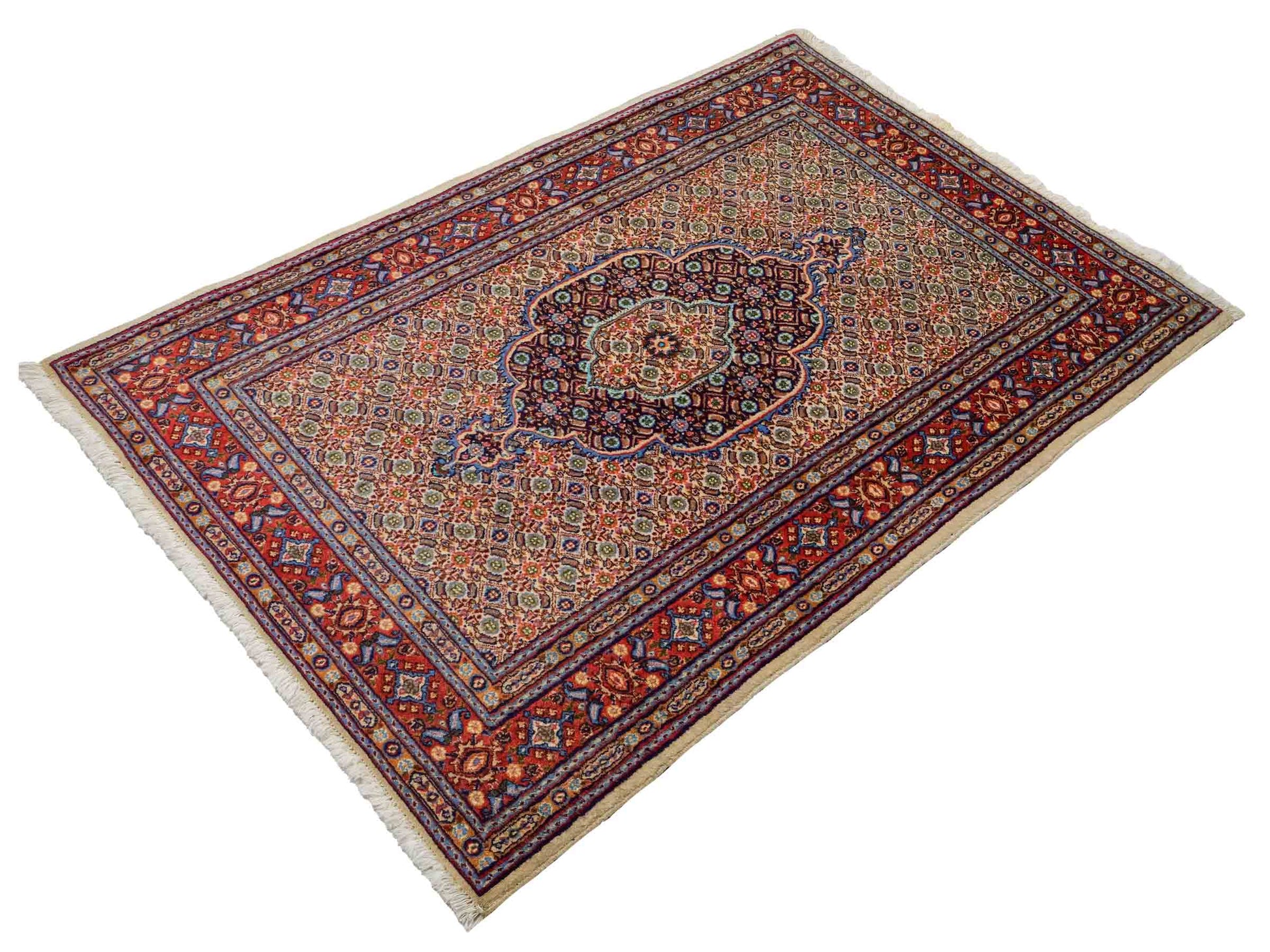 Feiner, handgeknüpfter Moud Perserteppich aus reiner Wolle mit Medaillon von Khademi. Größe: 145 x 100 cm. Farbe: Rot, creme. RB3-11B. Ursprung: Iran / Persien. Verkauf durch JUPITER Intl.