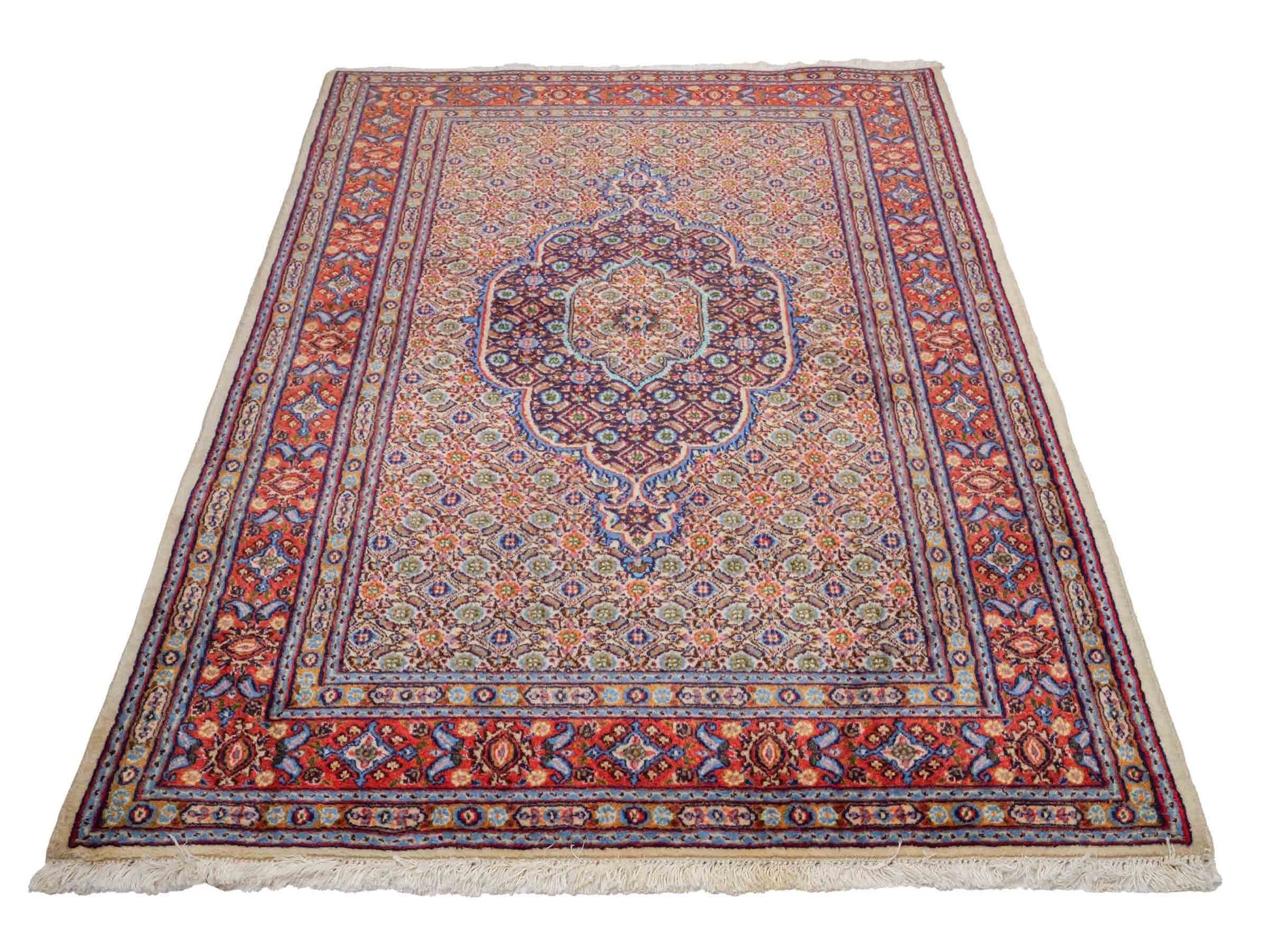 Feiner, handgeknüpfter Moud Perserteppich aus reiner Wolle mit Medaillon von Khademi. Größe: 145 x 100 cm. Farbe: Rot, creme. RB3-11B. Ursprung: Iran / Persien. Verkauf durch JUPITER Intl.