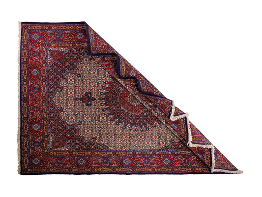 Feiner, hangeknüpfter Moud Perserteppich aus Wolle von Khademi. Größe: 284 x 198 cm. Farbe: Rot, blau, creme. Verkauf durch JUPITER Intl.