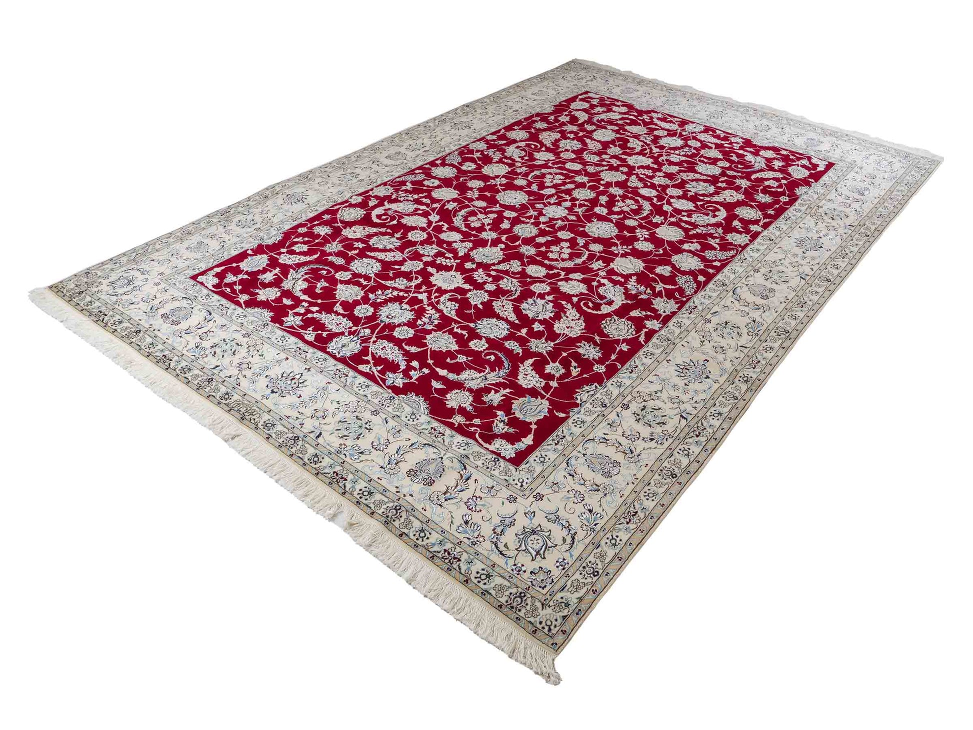 Sehr feiner, handgeknüpfter Nain 6La Perserteppich aus Wolle mit Seide von Khademi. Farbe: Cremeweiß, rot. Größe: 312 x 209 cm. Vertrieb durch JUPITER Intl.