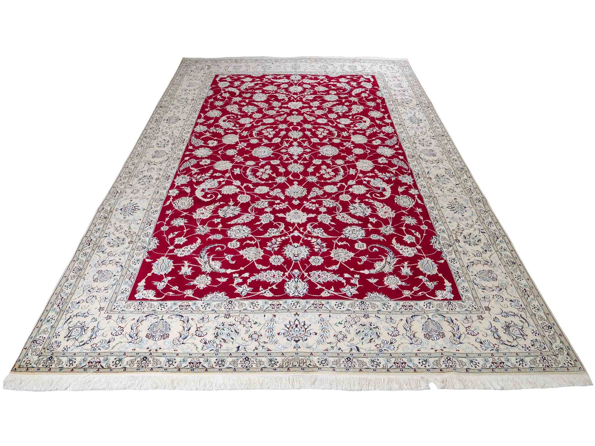 Sehr feiner, handgeknüpfter Nain 6La Perserteppich aus Wolle mit Seide von Khademi. Farbe: Cremeweiß, rot. Größe: 312 x 209 cm. Vertrieb durch JUPITER Intl.