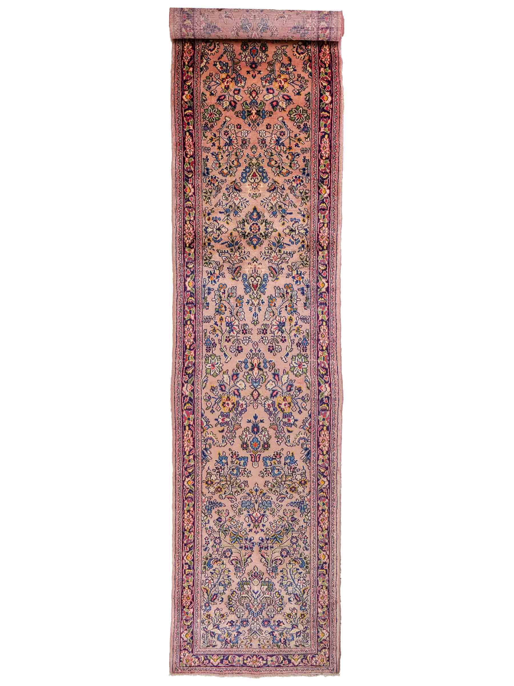 Feiner, handgeknüpfter Sarough Perserteppich Läufer aus Wolle von Khademi. Größe: 423 x 75 cm. Farbe: Rosarot, blau. Verkauf durch JUPITER Intl.
