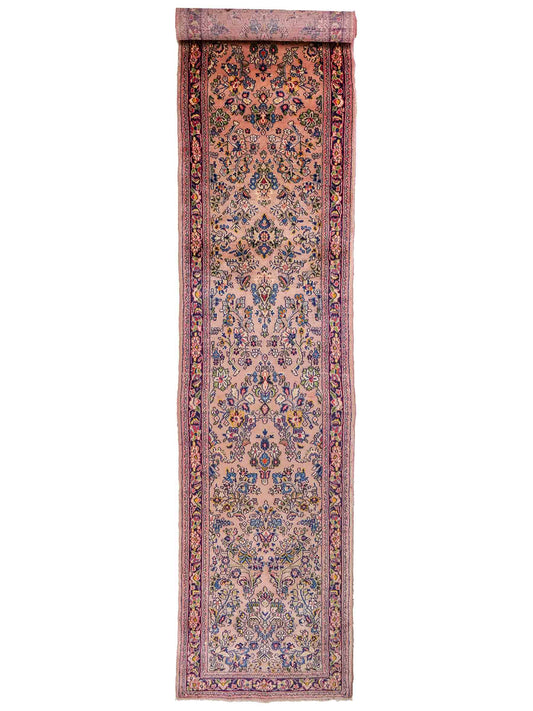 Feiner, handgeknüpfter Sarough Perserteppich Läufer aus Wolle von Khademi. Größe: 423 x 75 cm. Farbe: Rosarot, blau. Verkauf durch JUPITER Intl.