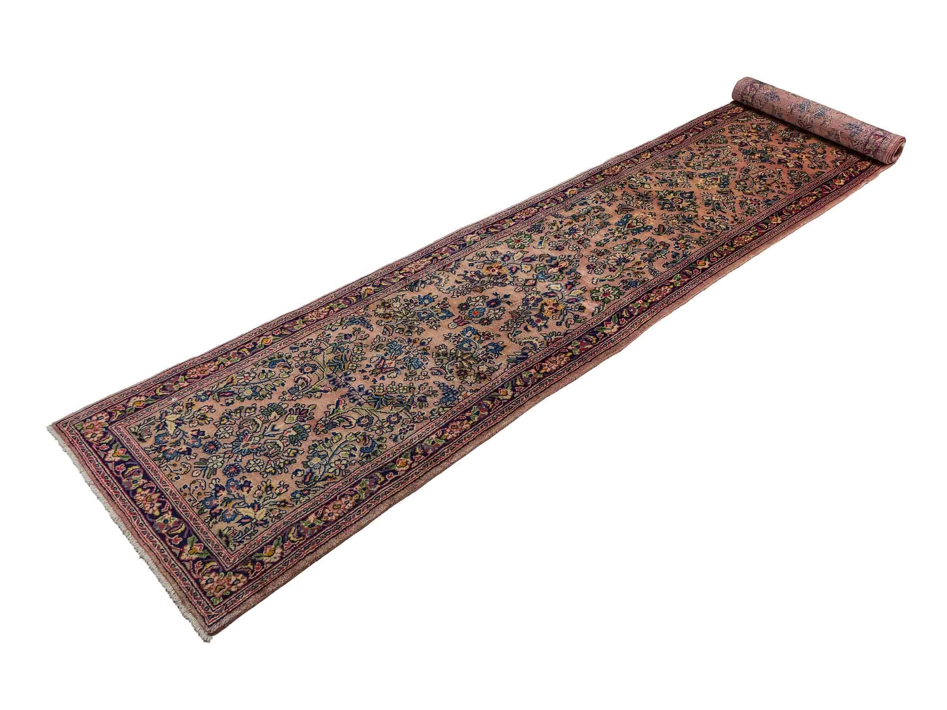 Feiner, handgeknüpfter Sarough Perserteppich Läufer aus Wolle von Khademi. Größe: 423 x 75 cm. Farbe: Rosarot, blau. Verkauf durch JUPITER Intl.